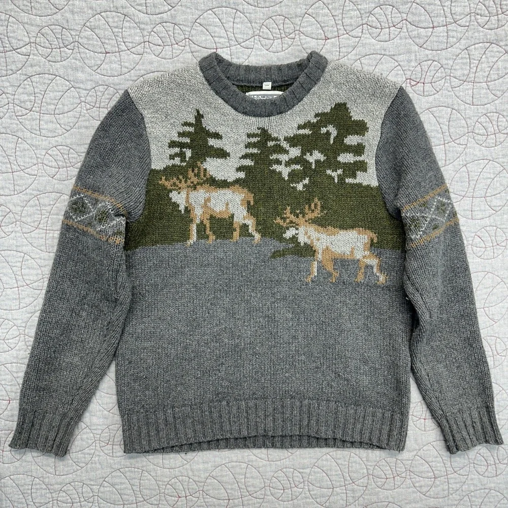 Schott Bros Sweater Gray Wool Blend Reindeer Trees / Mens Medium